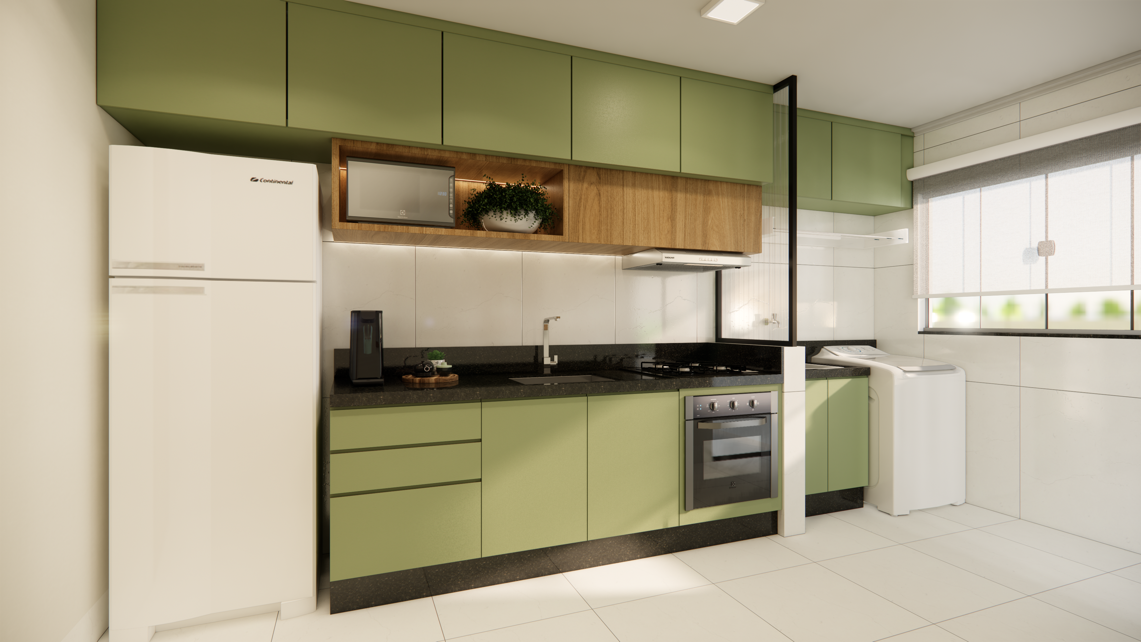 Cozinha moderna com marcenaria em madeira e cinza, bancada e nichos iluminados - Projeto Cozinha D'Oliva